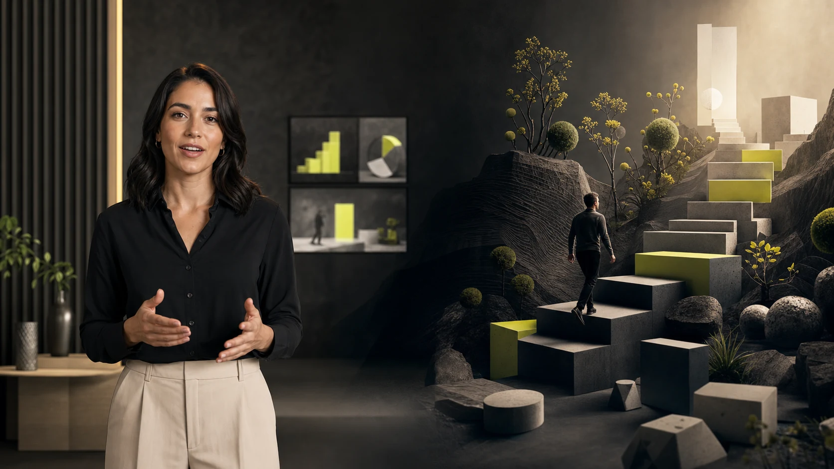 A presenter-led AI avatar explainer beside a cinematic visual story with a character climbing geometric steps